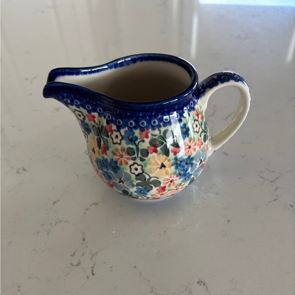 Floral Ceramic Creamer with Blue Accents
